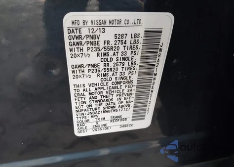 2014 Nissan Murano Le z USA, uszkodzony, nr VIN JN8AZ1MW8EW512127